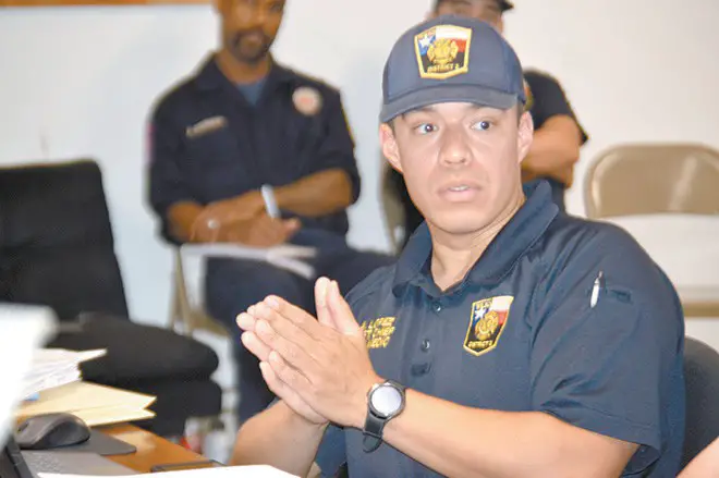Wilson County District 2 Emergency Services fire Chief and EMS Director Alex Lopez answers questions from Wilson County Emergency Services District 2 board members at their Aug. 21 meeting. GREGORY RIPPS/Wilson County News